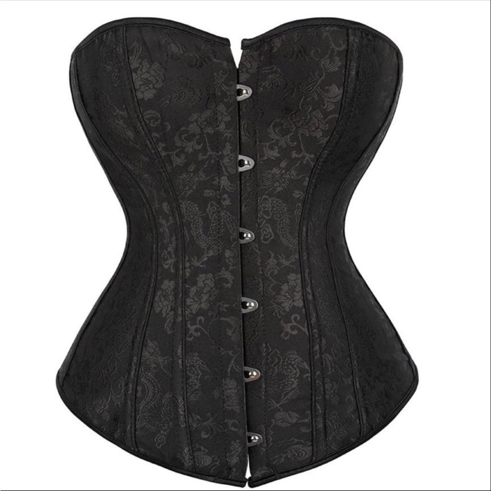 Renaissance Jacquard Black Damask Lace Up Overbust Bustier Corset size 3XL